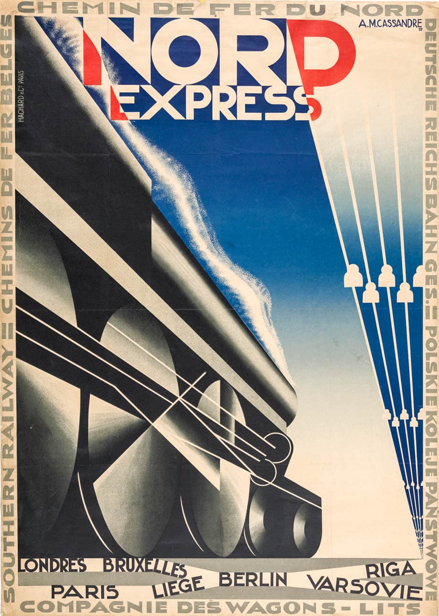 這張經典海報是法國裝飾藝術(Art Deco)與現代主義平面設計大師 A.M. Cassandre(本名 Adolphe Jean-Marie Mouron)於 1927年 為「北方鐵路公司」(Chemin de Fer du Nord)與「國際臥車公司」(Compagnie Internationale des Wagons-Lits)所創作的 《Nord Express》(北方快車) 宣傳海報。