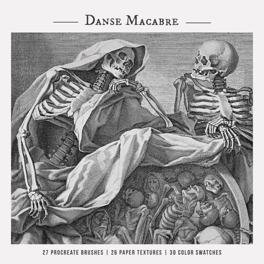 黑白版死亡之舞插圖，兩具骷髏躺臥凝視前方，下方可見更多屍骨與亡者形象，帶有強烈末世感。