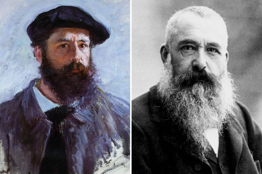 莫內的前後人生 左側為年輕時的莫內自畫像，右側為晚年攝影肖像，可見藝術家不同時期的面貌與氣質變化。