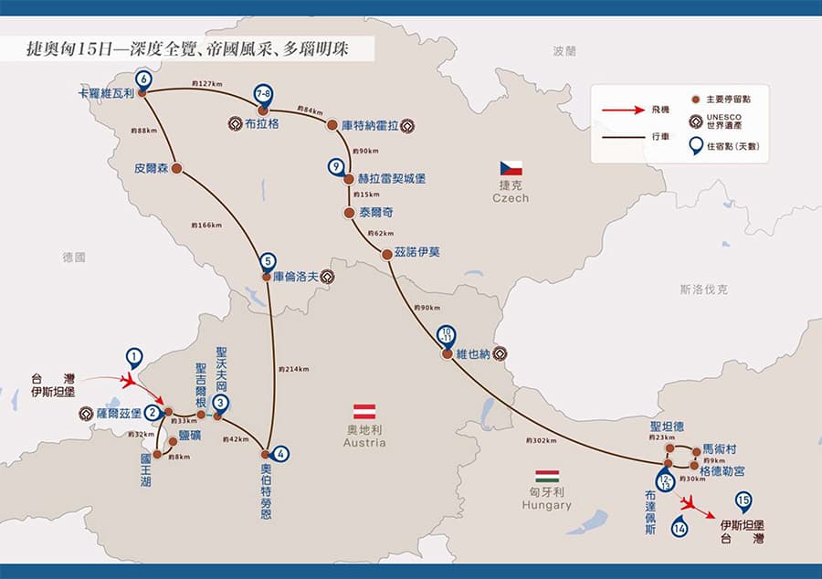 晴天旅遊奧地利、捷克、匈牙利深度全覽15日行程圖