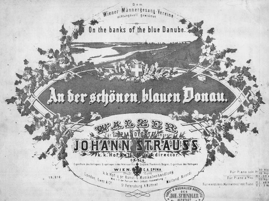 奧地利作曲家小約翰·施特勞斯(Johann Strauss II)的名作《藍色多瑙河》(An der schönen blauen Donau)的早期樂譜封面。