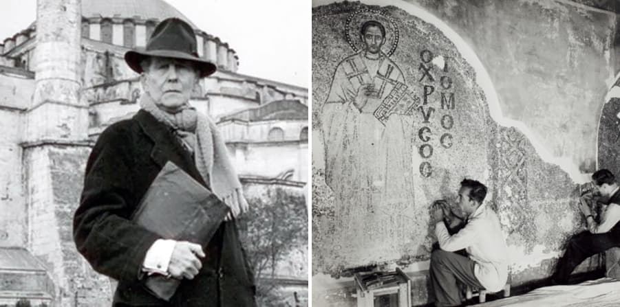 負責揭開聖索菲亞原有的基督教聖像的美國學者惠特曼(Thomas Whittemore)以及施工現場