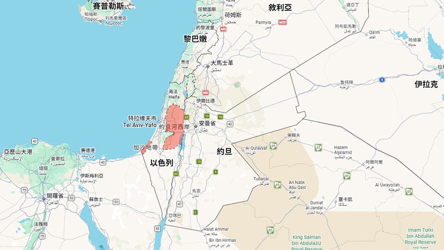 紅色區域為巴勒斯坦人居住區