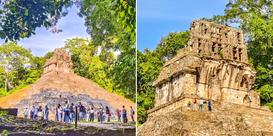 綠蔭掩映帕倫克十字神廟，巨木相隨盡顯古壯之美，近看十字神廟鏤空屋頂，遊客顯得格外渺小