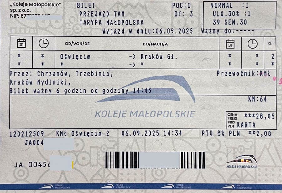 波蘭自助旅行:購於火車站櫃台的奧斯維辛到克拉科夫車票