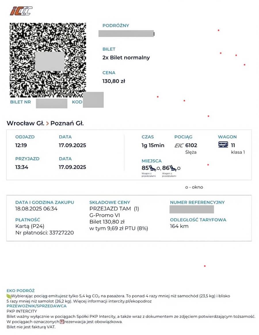 波蘭自助旅行:華沙到克拉科夫有QR code的火車票