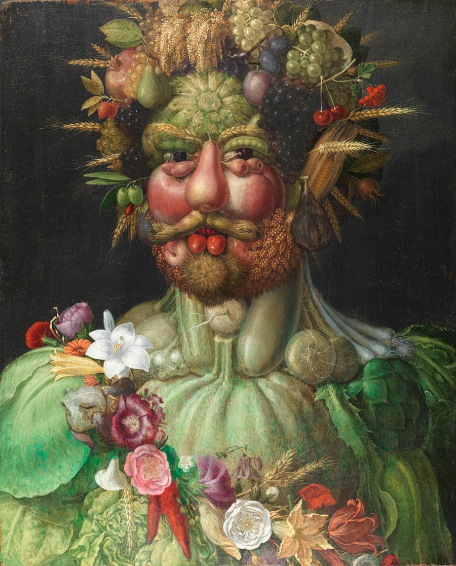 文藝復興時期義大利知名肖像畫家：阿爾欽伯托(Giuseppe Arcimboldo)用蔬果組成神聖羅馬帝國皇帝魯道夫二世的臉