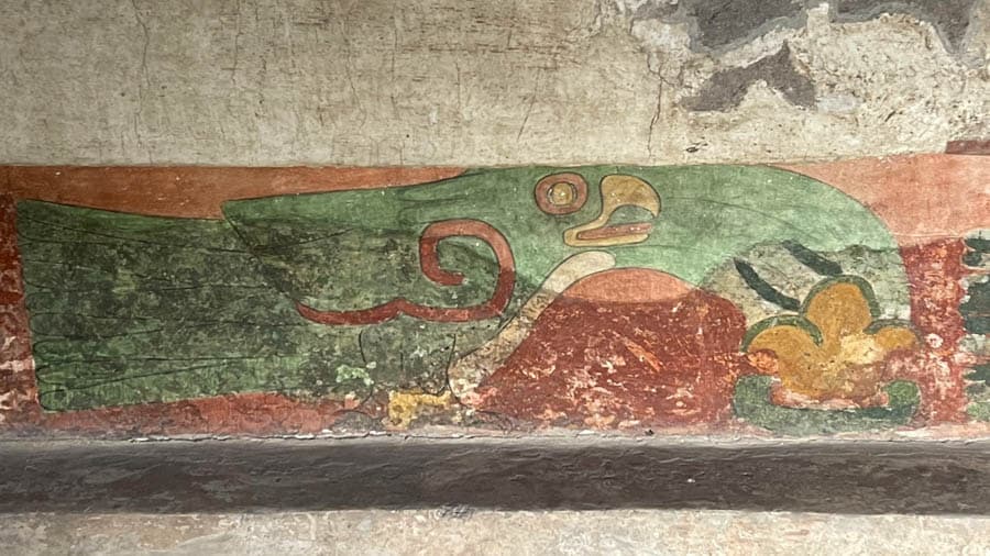 羽螺神廟著名的鳳尾綠咬鵑壁畫