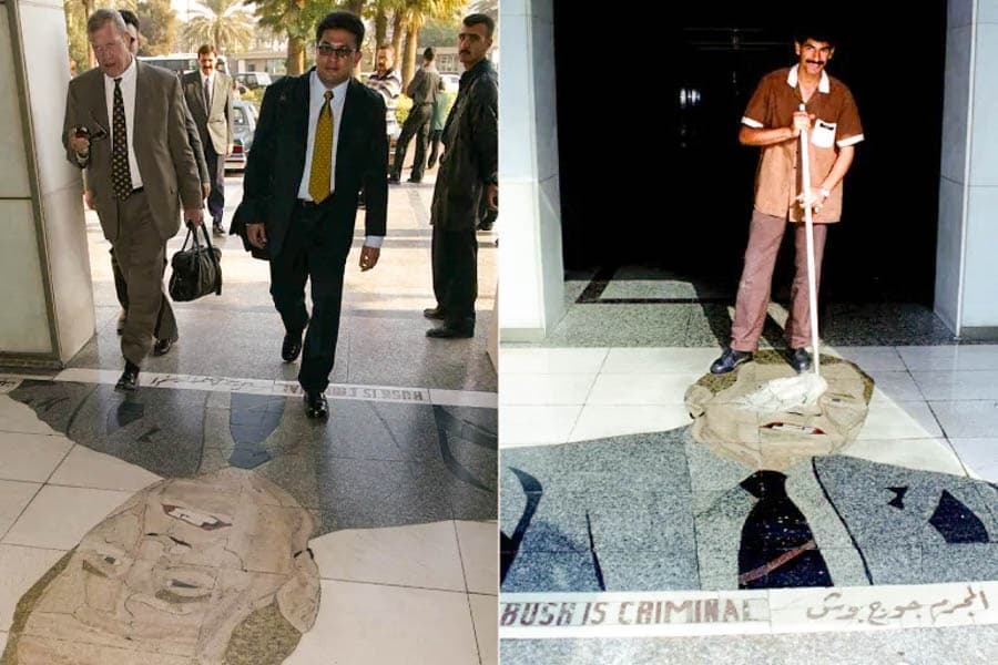 這張照片捕捉到了當時進入飯店的西方外交官、商人和記者必須踏過布希臉上的情景。在阿拉伯文化中,腳底或鞋底被認為是極其不潔的,因此這是一個極大的侮辱。