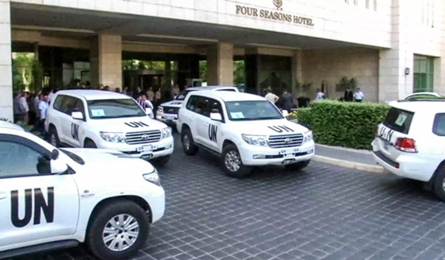 2013年8月聯合國駐紮於大馬士革四季酒店的情景。
